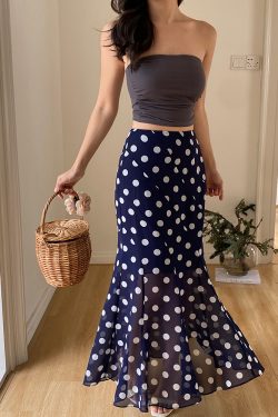 High-Waisted Polka Dot Irregular Vintage Long Skirt with Fish Tail Design - Slimming Asymmetrical Style