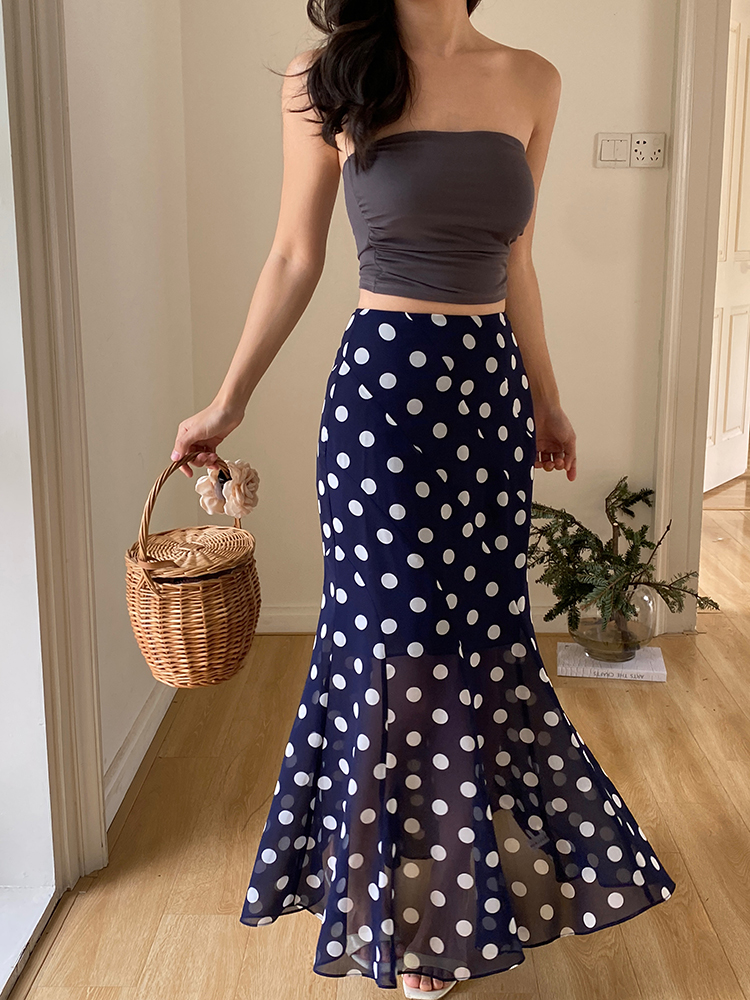 High-Waisted Polka Dot Irregular Vintage Long Skirt with Fish Tail Design - Slimming Asymmetrical Style High-Waisted Polka Dot Irregular Vintage Long Skirt with Fish Tail Design - Slimming Asymmetrical Style