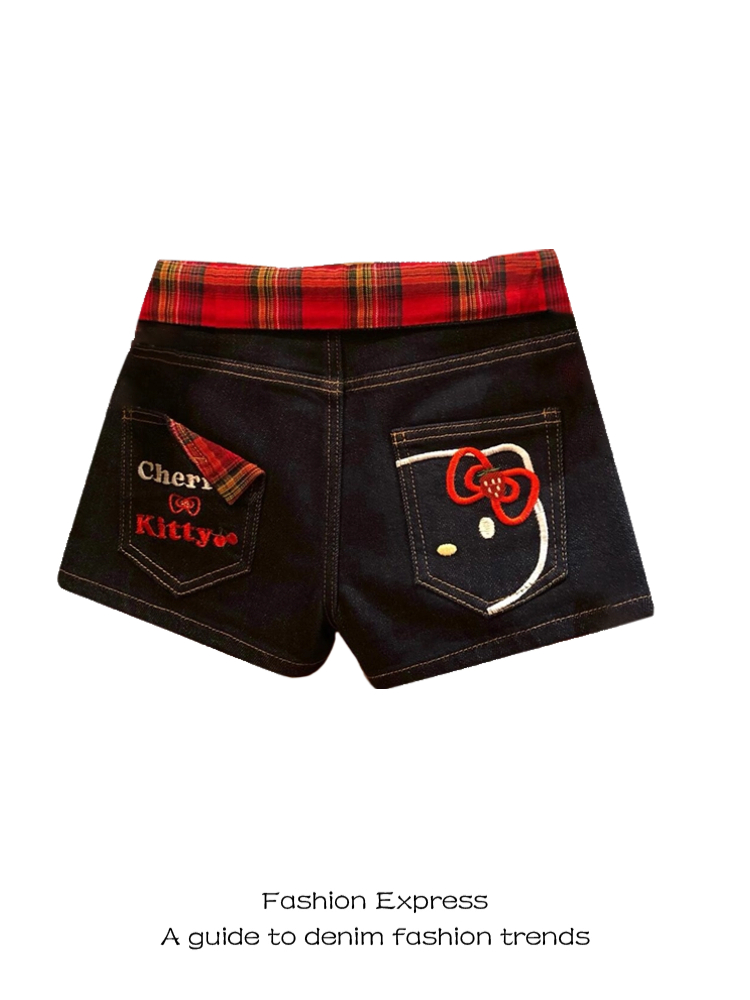 High-Waisted Red Plaid Splicing Short Shorts with Hello Kitty Embroidery - American Retro High Street Hot Girl Summer Style High-Waisted Red Plaid Splicing Short Shorts with Hello Kitty Embroidery - American Retro High Street Hot Girl Summer Style
