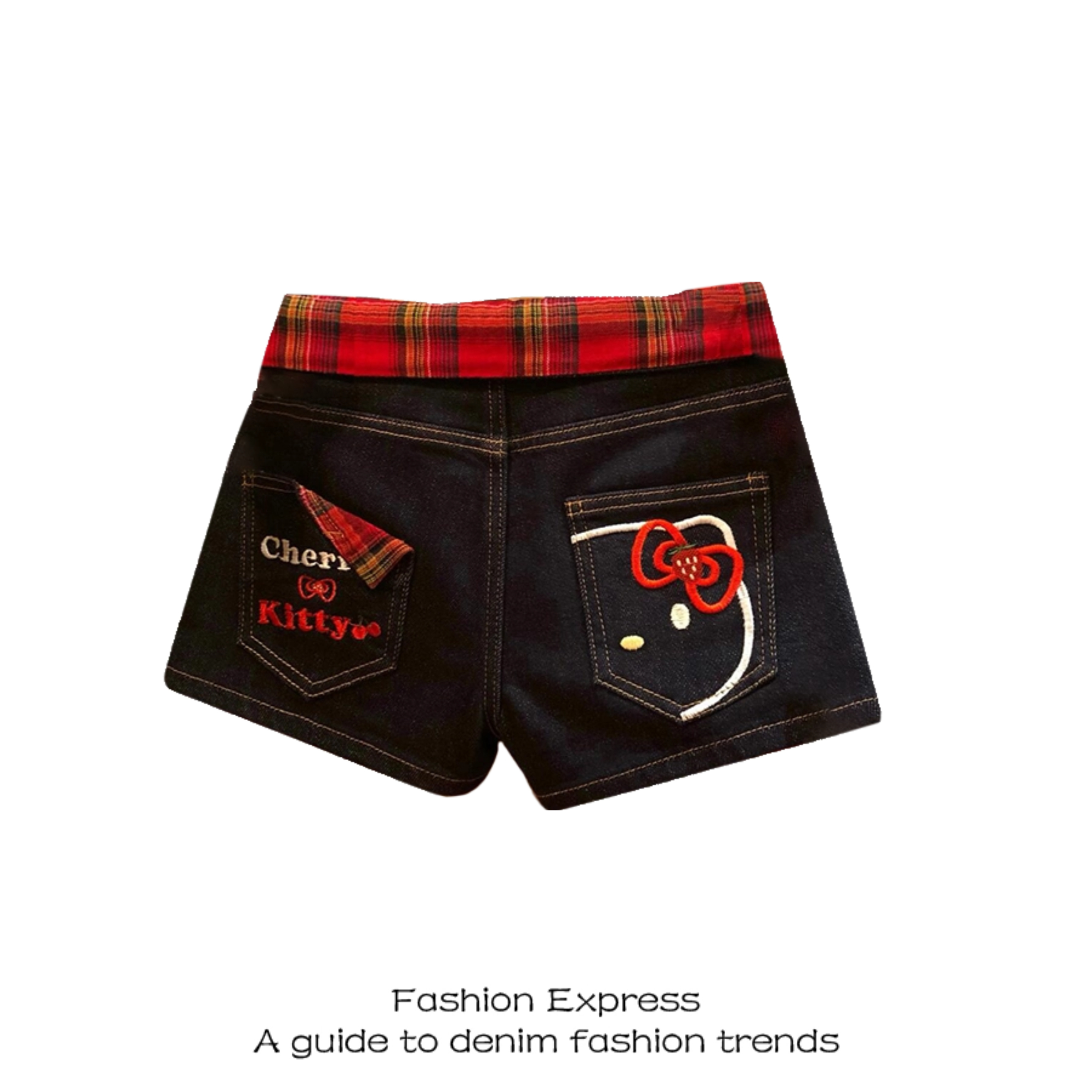 High-Waisted Red Plaid Splicing Short Shorts with Hello Kitty Embroidery - American Retro High Street Hot Girl Summer Style High-Waisted Red Plaid Splicing Short Shorts with Hello Kitty Embroidery - American Retro High Street Hot Girl Summer Style