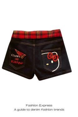 High-Waisted Red Plaid Splicing Short Shorts with Hello Kitty Embroidery - American Retro High Street Hot Girl Summer Style