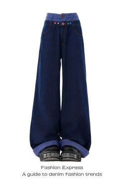 High-Waisted Retro Double-Waist Spliced Denim Pants for Women - Straight-Leg Wide-Leg Style for Autumn/Winter 2025