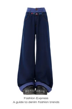 High-Waisted Retro Double-Waist Spliced Denim Pants for Women - Straight-Leg Wide-Leg Style for Autumn/Winter 2025