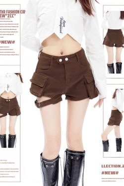 High-Waisted Retro Melard Coffee Color Denim Shorts for Women - A-Line Wide-Leg Workwear Hot Pants for Autumn/Winter 2025