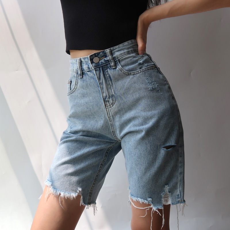 High-Waisted Retro Slim-Fit Frayed Denim Shorts for Women - European & American Style Cycling Summer Shorts High-Waisted Retro Slim-Fit Frayed Denim Shorts for Women - European & American Style Cycling Summer Shorts