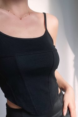 High-Waisted Retro Y2K Sexy Fishbone Spliced Slim Camisole with Curved Hem for Women - Solid Color Fashion Top