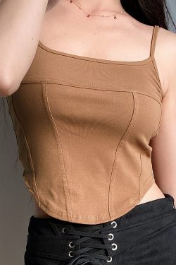 High-Waisted Retro Y2K Sexy Fishbone Spliced Slim Camisole with Curved Hem for Women - Solid Color Fashion Top