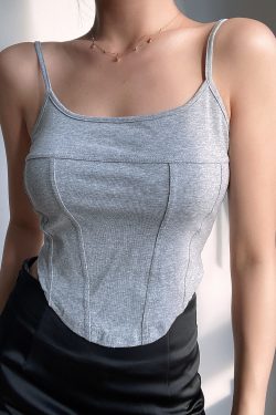 High-Waisted Retro Y2K Sexy Fishbone Spliced Slim Camisole with Curved Hem for Women - Solid Color Fashion Top