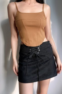 High-Waisted Retro Y2K Sexy Fishbone Spliced Slim Camisole with Curved Hem for Women - Solid Color Fashion Top