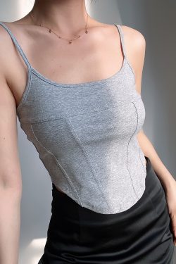 High-Waisted Retro Y2K Sexy Fishbone Spliced Slim Camisole with Curved Hem for Women - Solid Color Fashion Top