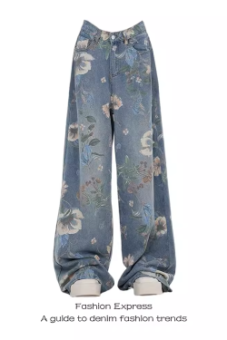 High-Waisted Ripped Jeans for Women - Floral Print, Loose Fit, Floor-Length, Autumn 2025 Trend, Y2K Style