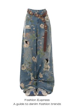 High-Waisted Ripped Jeans for Women - Floral Print, Loose Fit, Floor-Length, Autumn 2025 Trend, Y2K Style
