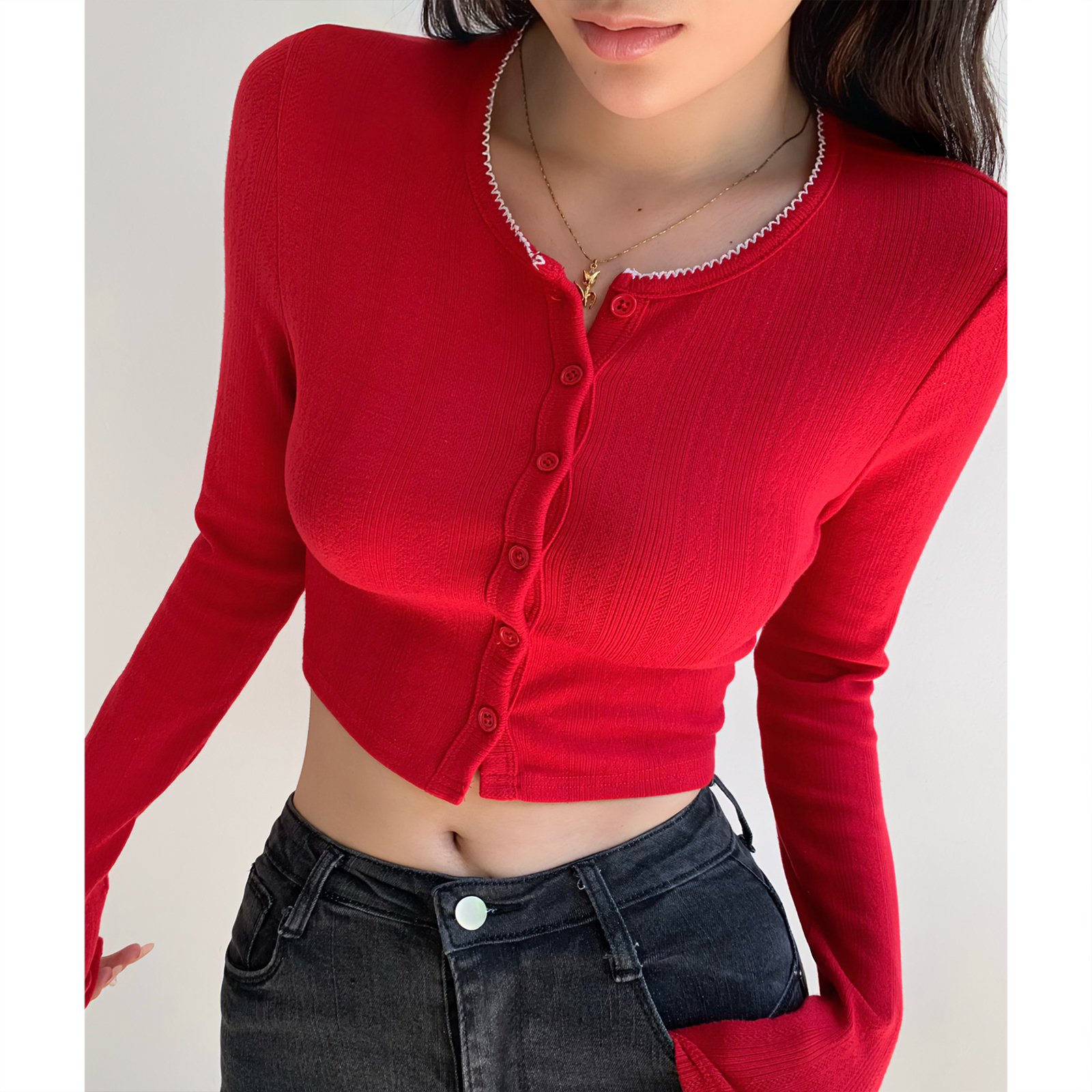 High-Waisted Slim Fit Knitted Cardigan - American Vintage Style, Long Sleeve, Single-Breasted, 90s Inspired Fashion Top High-Waisted Slim Fit Knitted Cardigan - American Vintage Style, Long Sleeve, Single-Breasted, 90s Inspired Fashion Top