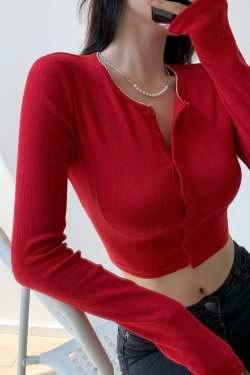 High-Waisted Slim Fit Knitted Cardigan - American Vintage Style, Long Sleeve, Single-Breasted, 90s Inspired Fashion Top