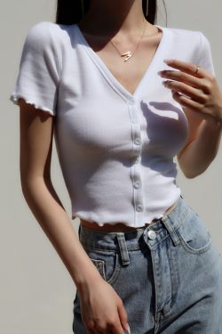 High-Waisted Slim Fit V-Neck Ruffled Edge Button-Up Short Sleeve T-Shirt Cardigan for Women – American Style Fashion Essential