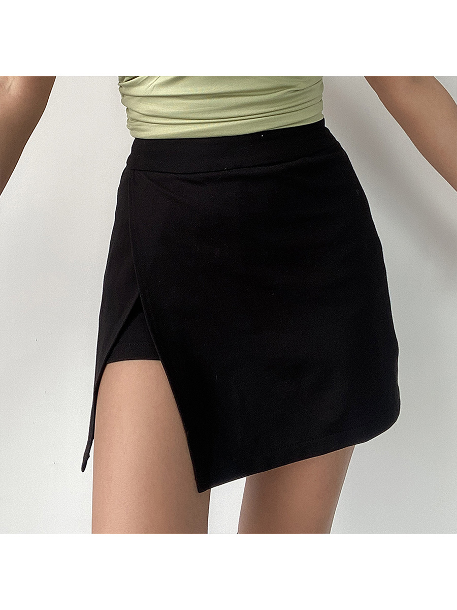 High-Waisted Solid Color Side-Slit Mini Skirt with Safety Shorts - Sexy European & American Style Fashion for Effortless Chic High-Waisted Solid Color Side-Slit Mini Skirt with Safety Shorts - Sexy European & American Style Fashion for Effortless Chic