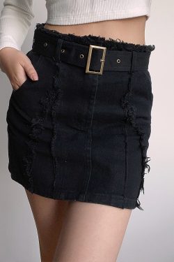 High-Waisted Vintage Frayed Denim Skirt with Pockets - Sexy A-Line Mini Skirt for Y2K and European Style Fashion