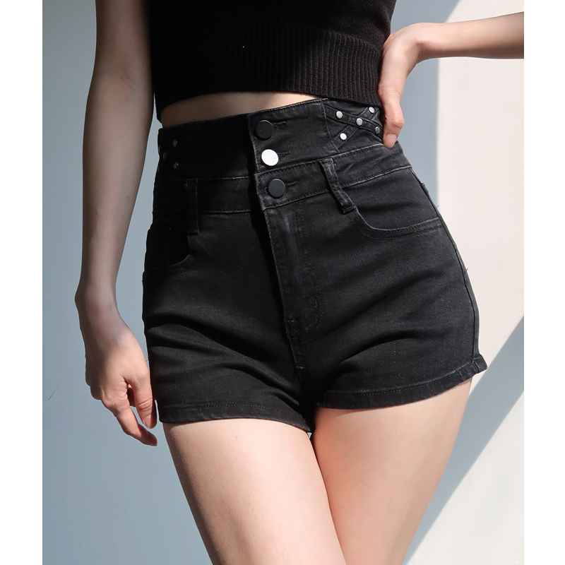 High-Waisted Vintage-Style Denim Pencil Shorts for Women - Slimming, Three-Button, Elastic Fitted Hot Pants, European American Fashion High-Waisted Vintage-Style Denim Pencil Shorts for Women - Slimming, Three-Button, Elastic Fitted Hot Pants, European American Fashion