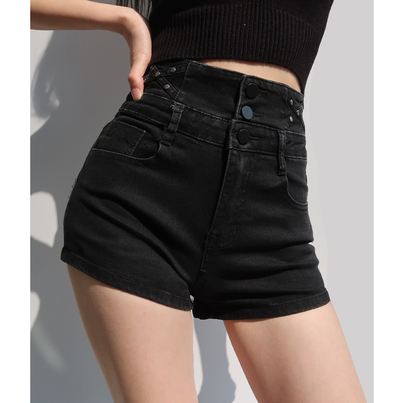 High-Waisted Vintage-Style Denim Pencil Shorts for Women - Slimming, Three-Button, Elastic Fitted Hot Pants, European American Fashion High-Waisted Vintage-Style Denim Pencil Shorts for Women - Slimming, Three-Button, Elastic Fitted Hot Pants, European American Fashion