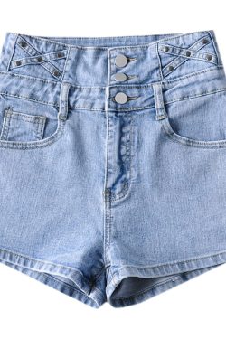 High-Waisted Vintage-Style Denim Pencil Shorts for Women - Slimming, Three-Button, Elastic Fitted Hot Pants, European American Fashion