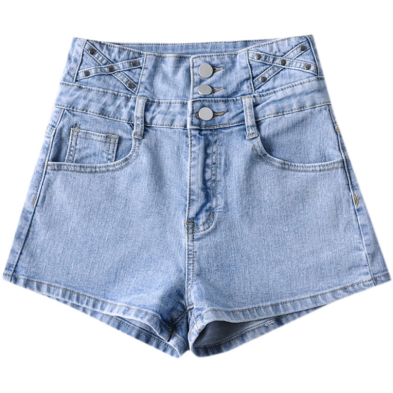 High-Waisted Vintage-Style Denim Pencil Shorts for Women - Slimming, Three-Button, Elastic Fitted Hot Pants, European American Fashion High-Waisted Vintage-Style Denim Pencil Shorts for Women - Slimming, Three-Button, Elastic Fitted Hot Pants, European American Fashion