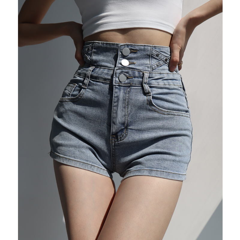 High-Waisted Vintage-Style Denim Pencil Shorts for Women - Slimming, Three-Button, Elastic Fitted Hot Pants, European American Fashion High-Waisted Vintage-Style Denim Pencil Shorts for Women - Slimming, Three-Button, Elastic Fitted Hot Pants, European American Fashion