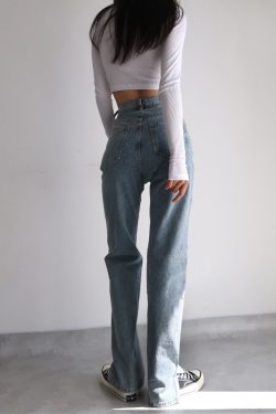 High-Waisted Vintage Wide-Leg Jeans for Women, Distressed with Side Slits, Loose-Fitting, Flattering 90s Style