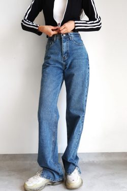 High-Waisted Vintage Wide-Leg Jeans for Women, Distressed with Side Slits, Loose-Fitting, Flattering 90s Style