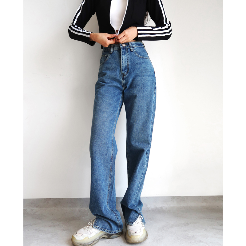 High-Waisted Vintage Wide-Leg Jeans for Women, Distressed with Side Slits, Loose-Fitting, Flattering 90s Style High-Waisted Vintage Wide-Leg Jeans for Women, Distressed with Side Slits, Loose-Fitting, Flattering 90s Style
