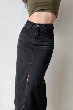 High-Waisted Water-Washed Denim Split Skirt for Women - Mid-Length Slimming Fitted Pencil Skirt in European & American Style