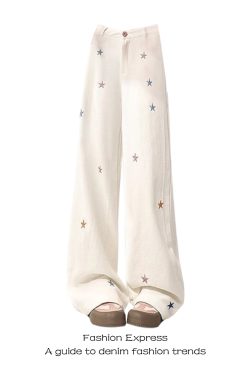 High-Waisted White Star Embroidered Denim Pants for Women, Loose Straight Wide-Leg Trousers, Autumn Winter Fashion