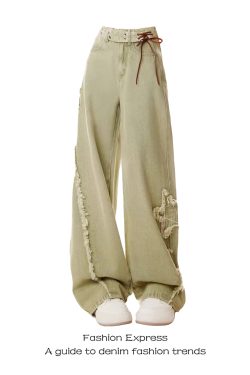 High-Waisted Wide-Leg Green Jeans for Women, American Retro Style, Loose-Fitting, Slimming, Trendy Spring 2025 Design