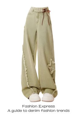 High-Waisted Wide-Leg Green Jeans for Women, American Retro Style, Loose-Fitting, Slimming, Trendy Spring 2025 Design