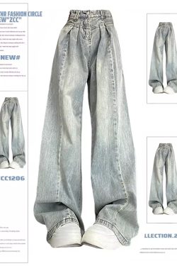 High-Waisted Wide-Leg Jeans - Retro Light Color, Draped Pleated Design, Trendy 2025 Style, Floor-Length Fashion Pants