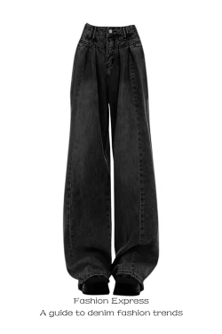 High-Waisted Wide-Leg Jeans - Retro Light Color, Draped Pleated Design, Trendy 2025 Style, Floor-Length Fashion Pants