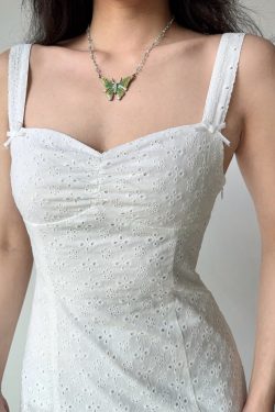 Hollow Embroidery White Short Dress for Women - Slim Fit Spaghetti Strap Summer Dress in European American Style