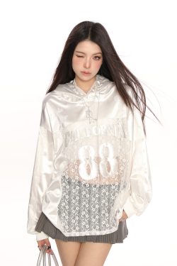 Hollow Lace Baseball Jacket for Women – Spring Loose Raglan Top, Trendy Hot Girl Jersey, Casual Street Style