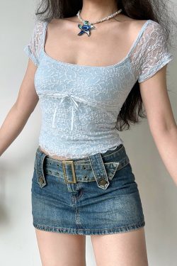 Hollow Lace Trim Square Neck Short Sleeve T-Shirt for Women - Summer Slim Fit Top in European & American Style
