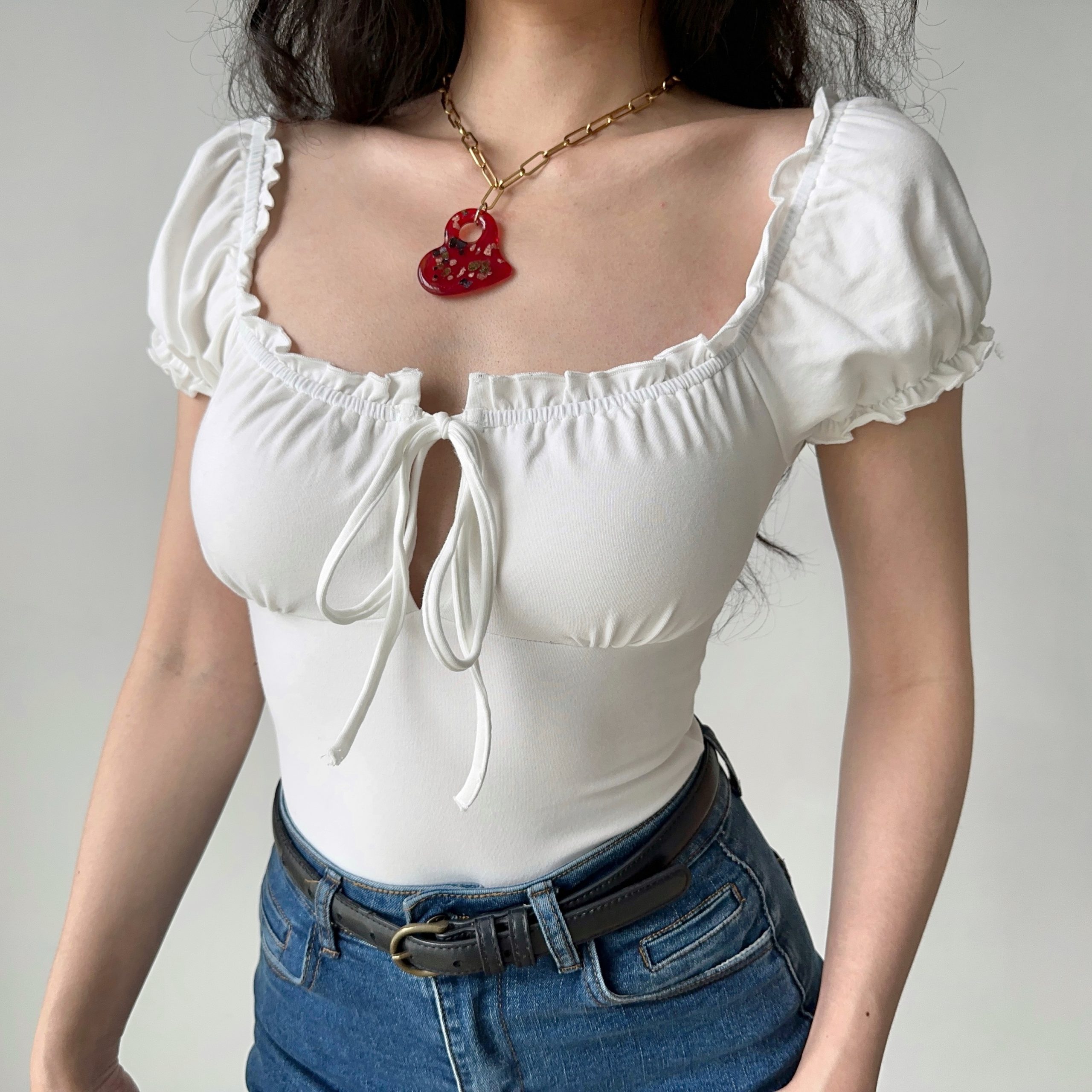 Hollow-Out Lace-Up Square Neck Puff Sleeve Short Sleeve T-Shirt for Women - Slim Fit European American Style Fashion Top Hollow-Out Lace-Up Square Neck Puff Sleeve Short Sleeve T-Shirt for Women - Slim Fit European American Style Fashion Top