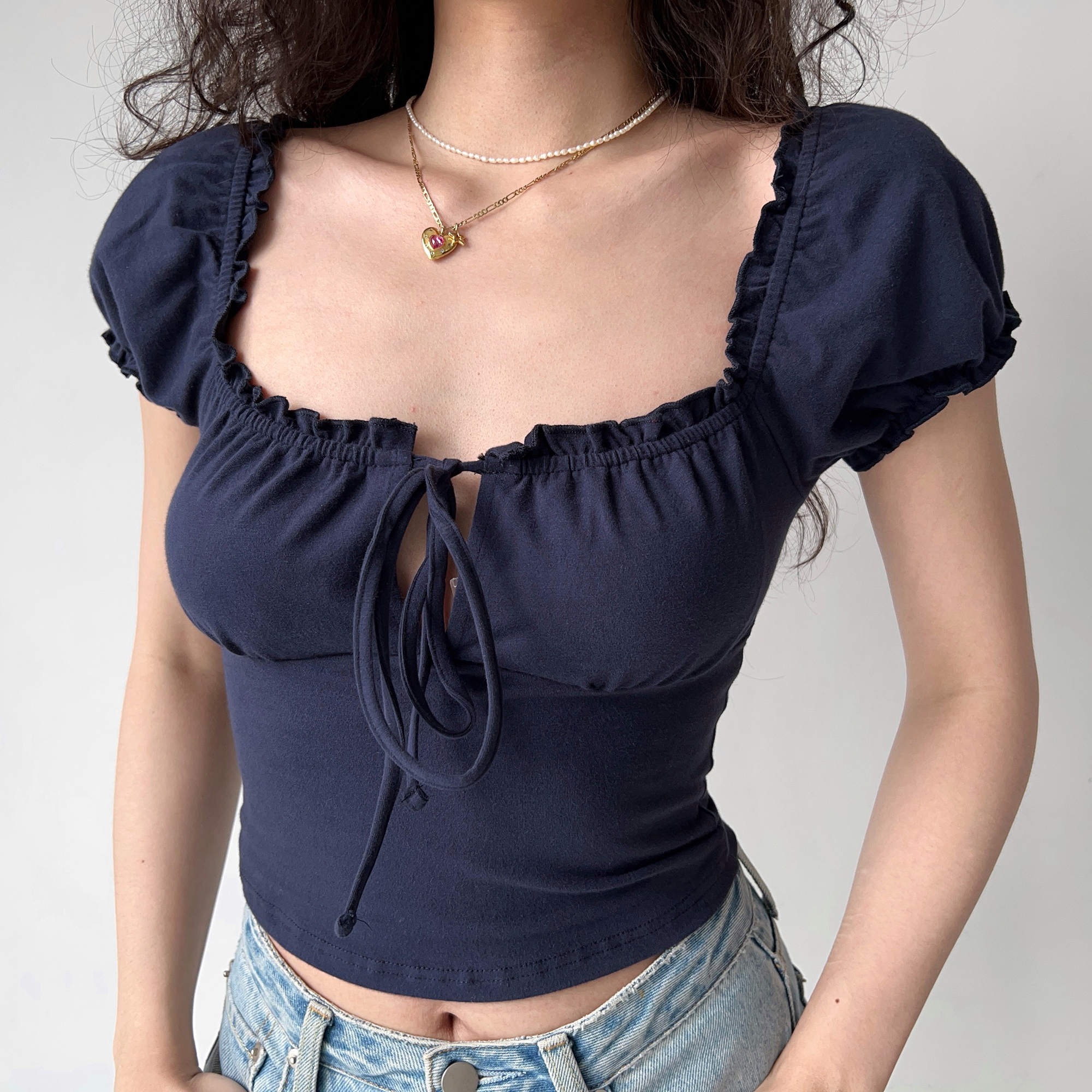 Hollow-Out Lace-Up Square Neck Puff Sleeve Short Sleeve T-Shirt for Women - Slim Fit European American Style Fashion Top Hollow-Out Lace-Up Square Neck Puff Sleeve Short Sleeve T-Shirt for Women - Slim Fit European American Style Fashion Top