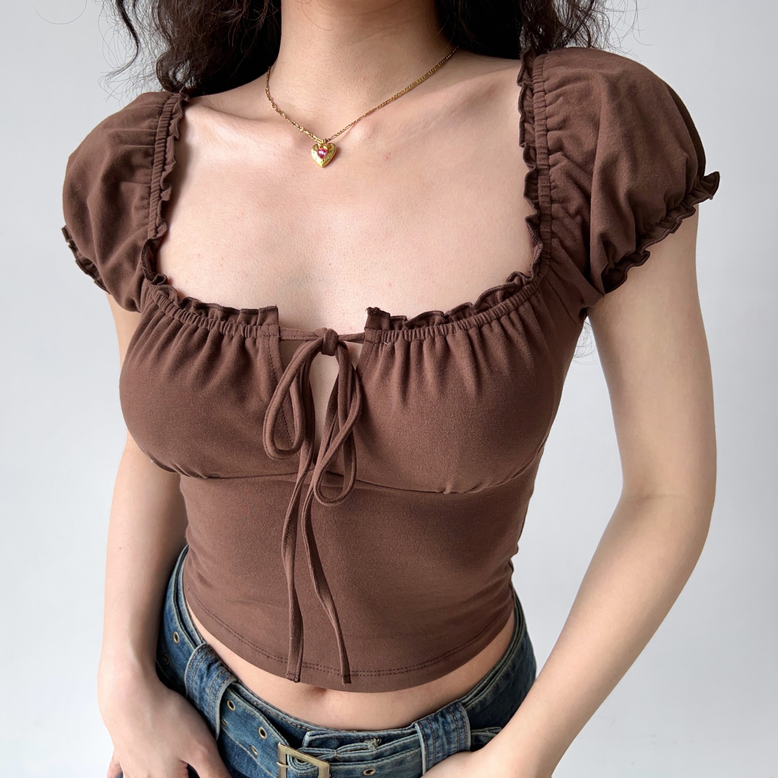 Hollow-Out Lace-Up Square Neck Puff Sleeve Short Sleeve T-Shirt for Women - Slim Fit European American Style Fashion Top Hollow-Out Lace-Up Square Neck Puff Sleeve Short Sleeve T-Shirt for Women - Slim Fit European American Style Fashion Top