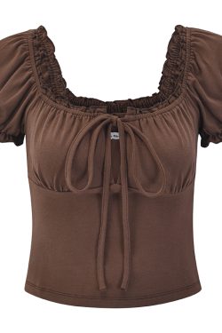 Hollow-Out Lace-Up Square Neck Puff Sleeve Short Sleeve T-Shirt for Women - Slim Fit European American Style Fashion Top