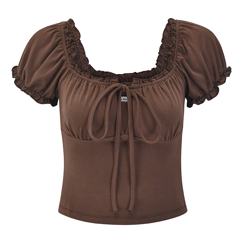 Hollow-Out Lace-Up Square Neck Puff Sleeve Short Sleeve T-Shirt for Women - Slim Fit European American Style Fashion Top Hollow-Out Lace-Up Square Neck Puff Sleeve Short Sleeve T-Shirt for Women - Slim Fit European American Style Fashion Top