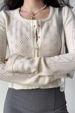 Hollow Square Neck Knitted Cardigan - Women's Slim Fit Short Long Sleeve Top in European American Style, Trendy Y2K Fashion