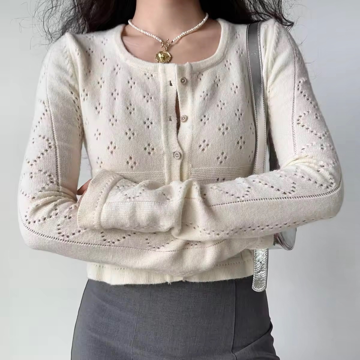 Hollow Square Neck Knitted Cardigan - Women's Slim Fit Short Long Sleeve Top in European American Style, Trendy Y2K Fashion Hollow Square Neck Knitted Cardigan - Women's Slim Fit Short Long Sleeve Top in European American Style, Trendy Y2K Fashion