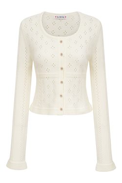 Hollow Square Neck Knitted Cardigan - Women's Slim Fit Short Long Sleeve Top in European American Style, Trendy Y2K Fashion