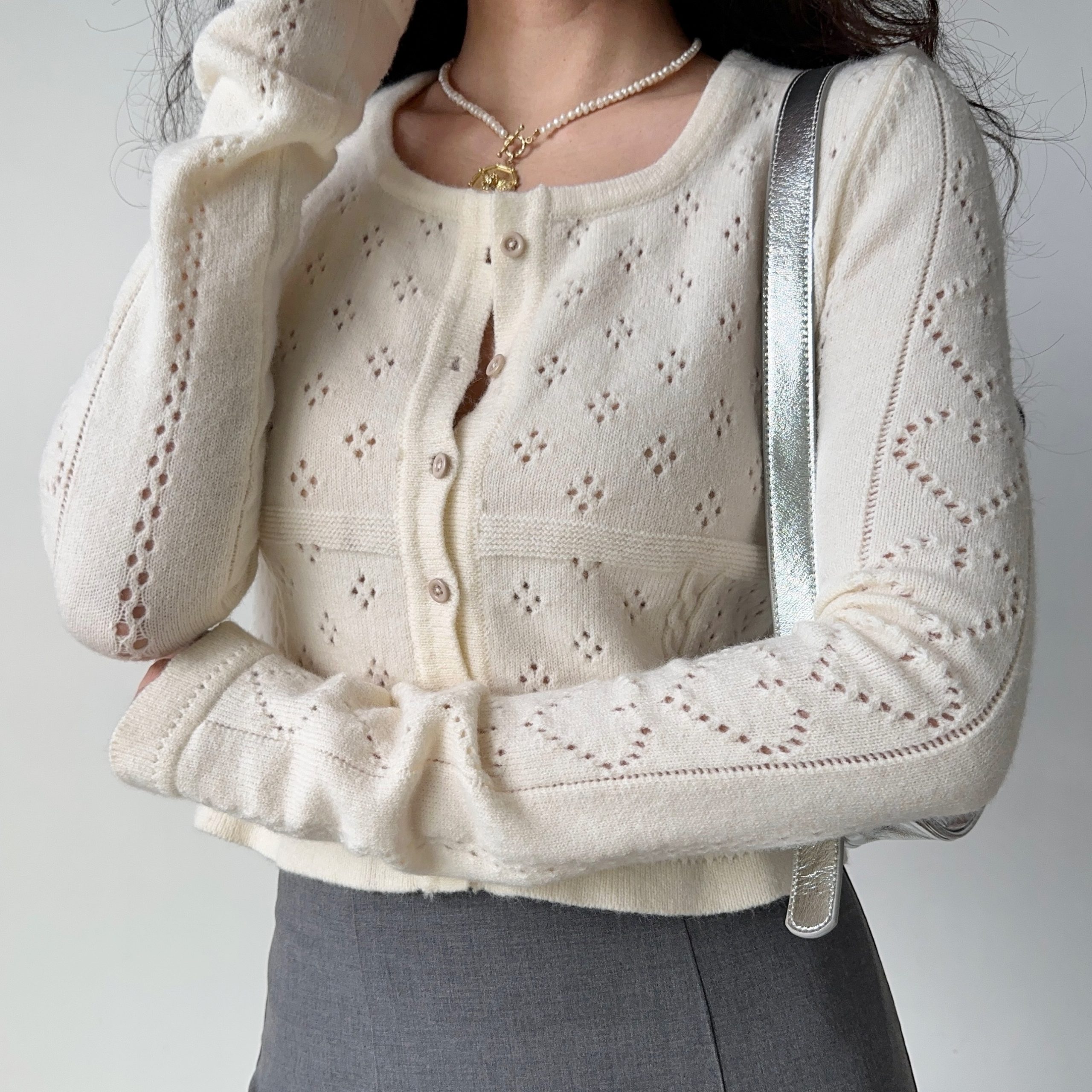 Hollow Square Neck Knitted Cardigan - Women's Slim Fit Short Long Sleeve Top in European American Style, Trendy Y2K Fashion Hollow Square Neck Knitted Cardigan - Women's Slim Fit Short Long Sleeve Top in European American Style, Trendy Y2K Fashion