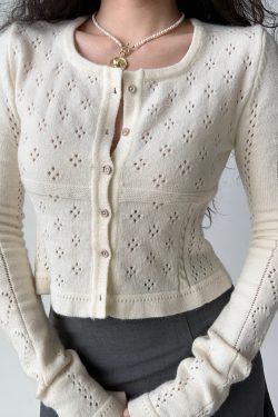 Hollow Square Neck Knitted Cardigan - Women's Slim Fit Short Long Sleeve Top in European American Style, Trendy Y2K Fashion