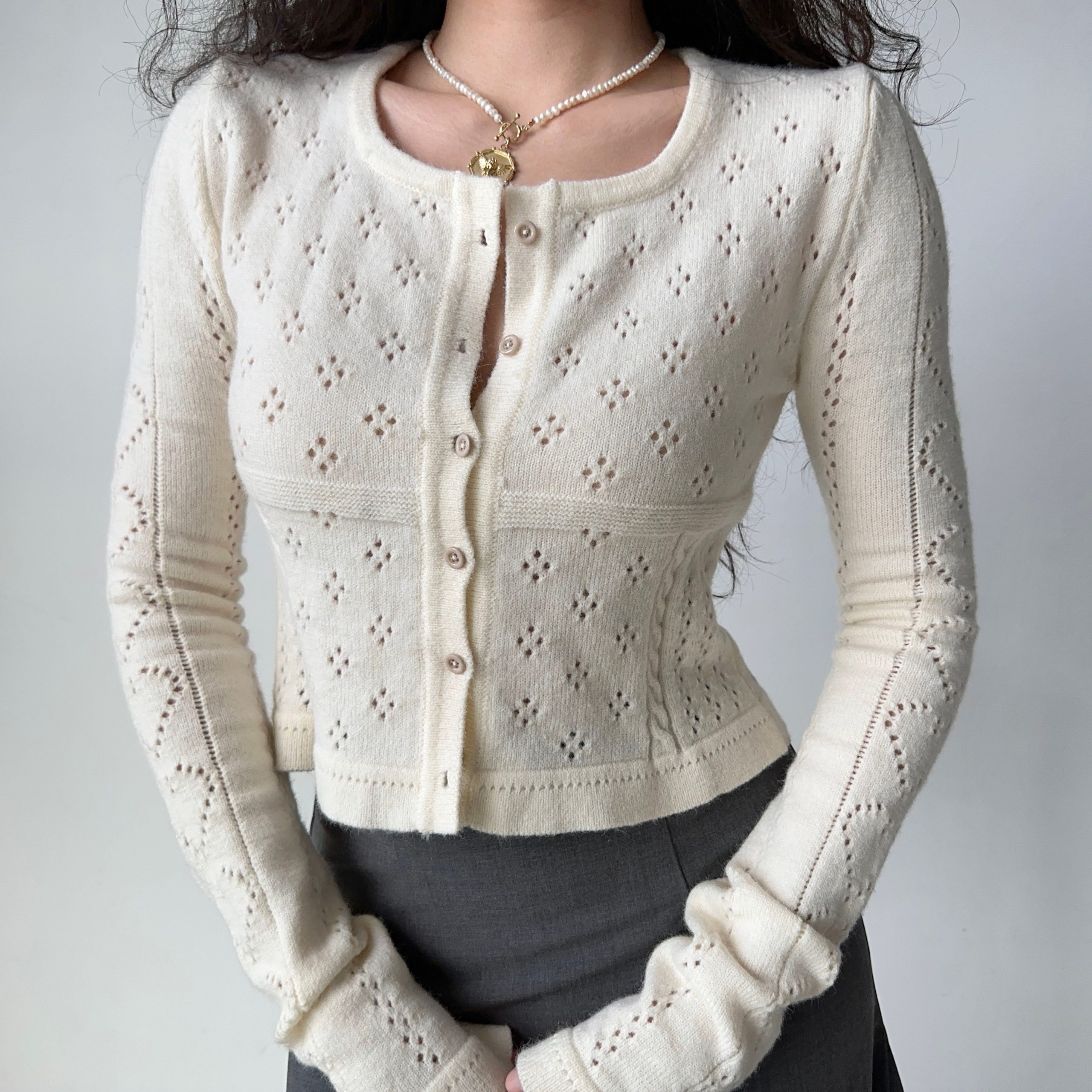 Hollow Square Neck Knitted Cardigan - Women's Slim Fit Short Long Sleeve Top in European American Style, Trendy Y2K Fashion Hollow Square Neck Knitted Cardigan - Women's Slim Fit Short Long Sleeve Top in European American Style, Trendy Y2K Fashion