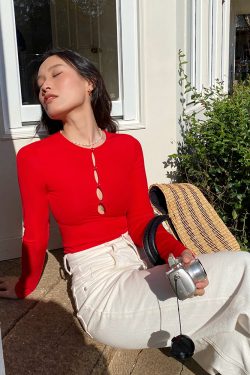 Hollowed-Out Long Sleeve T-Shirt - French Slim Fit Red Sexy Tight Top with Chest Pad - Y2K Style Fashion